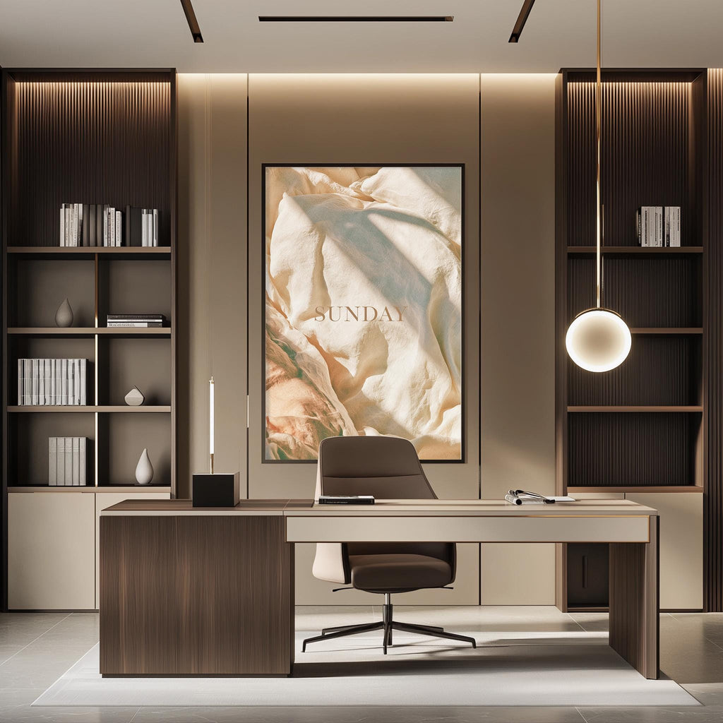 a modern and minimalist office space with a large wooden desk, a comfortable-looking chair, and a large framed poster on the wall.