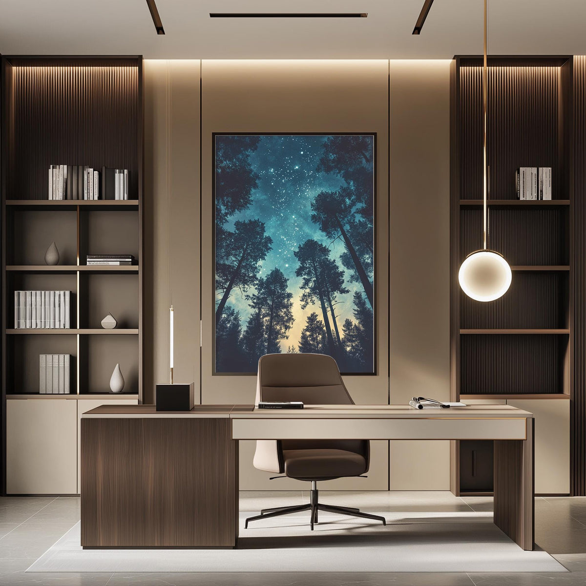 a modern and well-lit office space with a large framed picture of a forest scene hanging on the wall. The office features a wooden desk, a comfortable-looking chair, and a pendant light above the desk. The overall design and decor create a serene and inviting atmosphere.