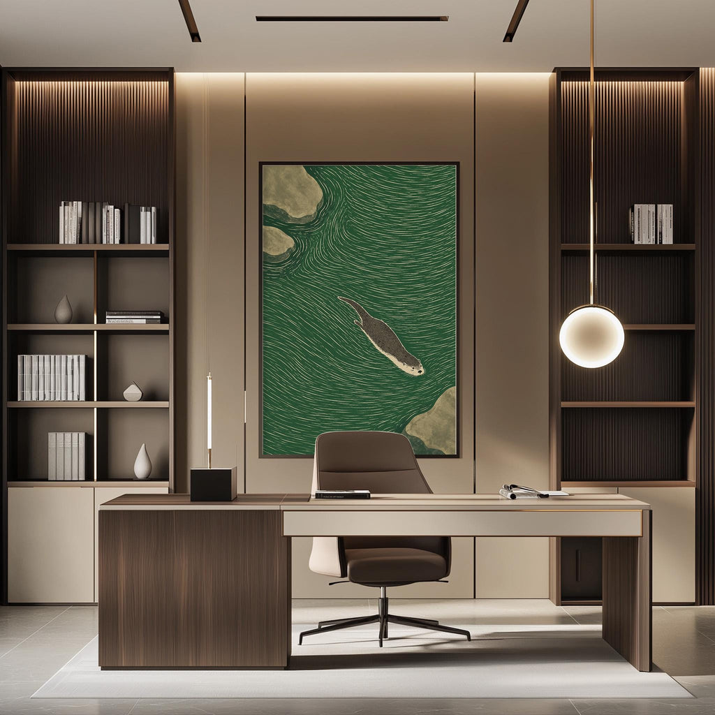 a modern and minimalist office space with a large green abstract painting on the wall, a wooden desk with a chair, and built-in bookshelves.