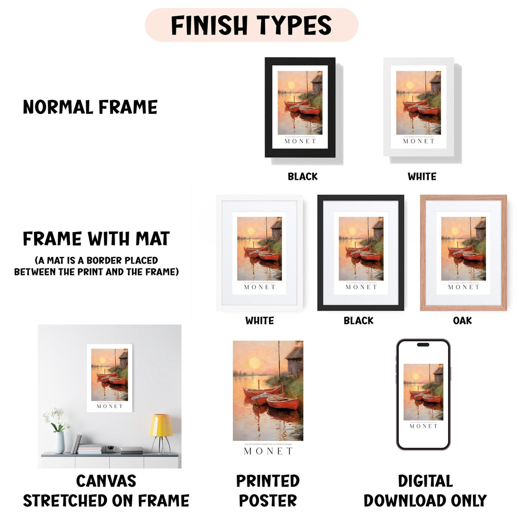 various types of framed artworks, including a normal frame, a frame with a mat, a white frame, a black frame, an oak frame, a white frame, a black frame, a printed poster, and a digital download only.