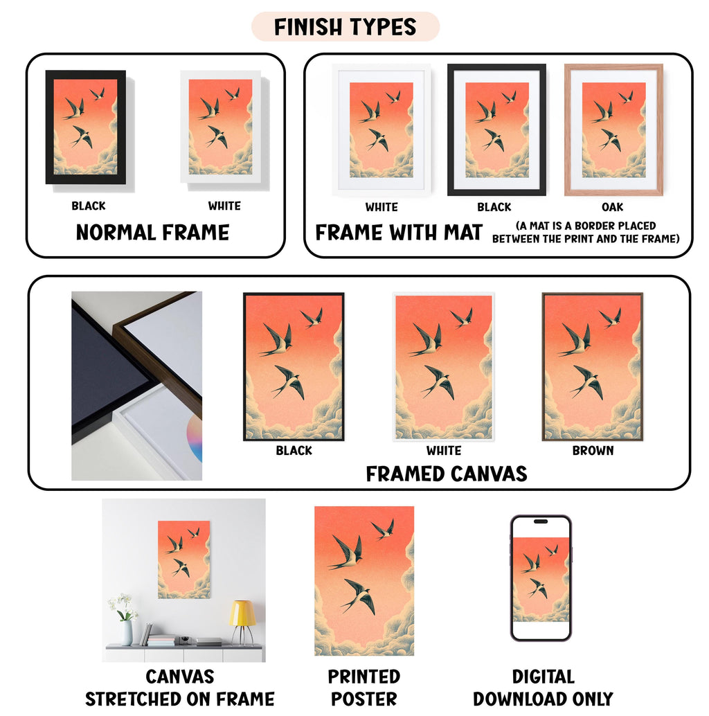various types of artwork, including framed prints, canvas prints, and digital versions, each with different finishes and styles.