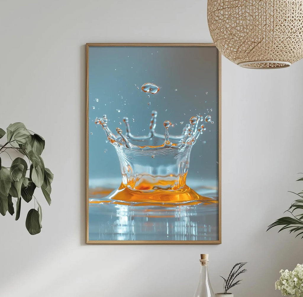a dining table with a white tablecloth, a bowl of fruit, a bottle, and a vase with flowers. Above the table, there is a framed picture of a splash of water with an orange splash.
