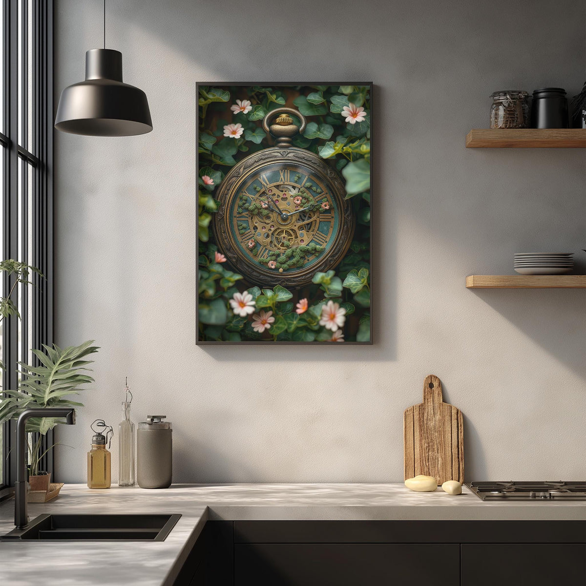 a kitchen counter with a wooden cutting board, a clock, and various kitchen items such as a bottle and a vase.