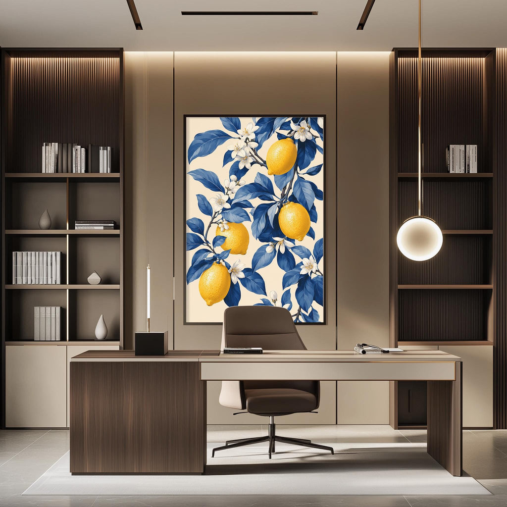 a modern and stylish office space with a large framed artwork featuring a blue and yellow floral design on the wall. The office features a wooden desk, a comfortable chair, and a bookshelf filled with books and decorative items.