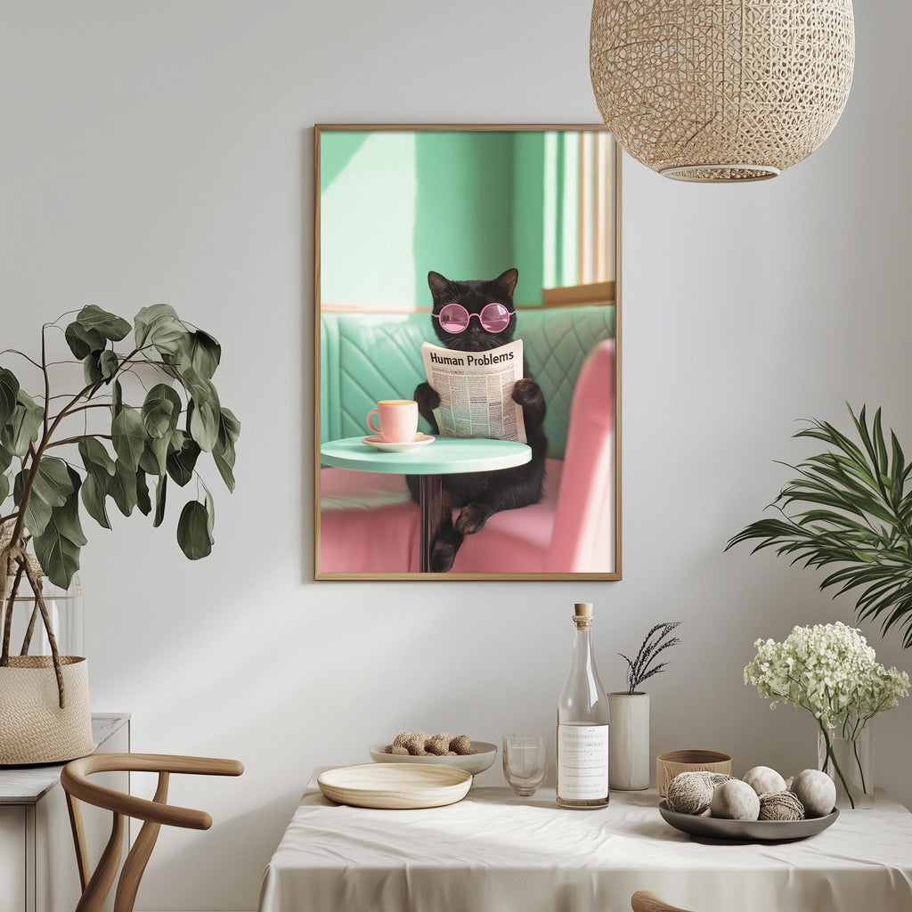 a black cat sitting at a table, wearing sunglasses and holding a newspaper with the headline "Human Problems". The cat is surrounded by various objects, including a pink chair, a green plant, and a dining table with a bowl of fruit.