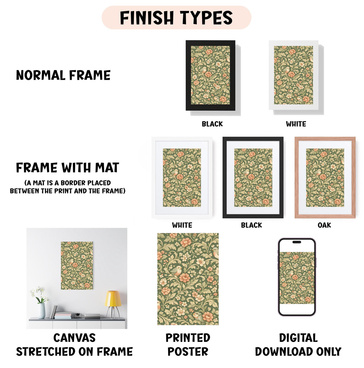 various finish types for framed artwork, including a normal frame, a frame with a mat, a white frame, a black frame, an oak frame, a white canvas stretched on a frame, a printed poster, and a digital download only.