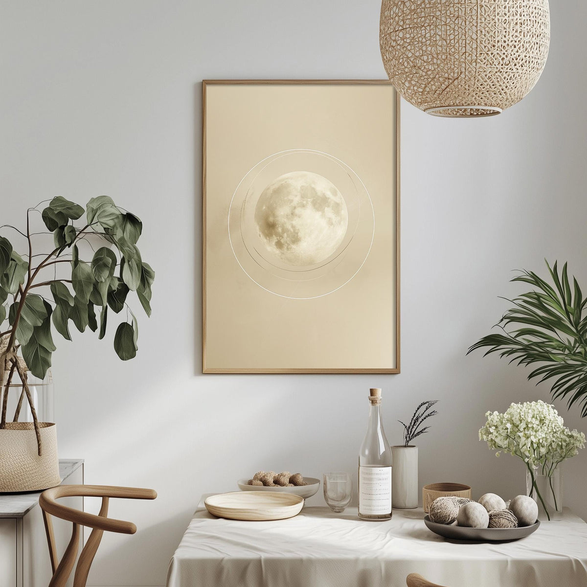 a dining table set with a white tablecloth, a bowl of fruit, a bottle, and a vase with flowers. Above the table, there is a framed picture of a moon with a corked bottle and a glass on the table.
