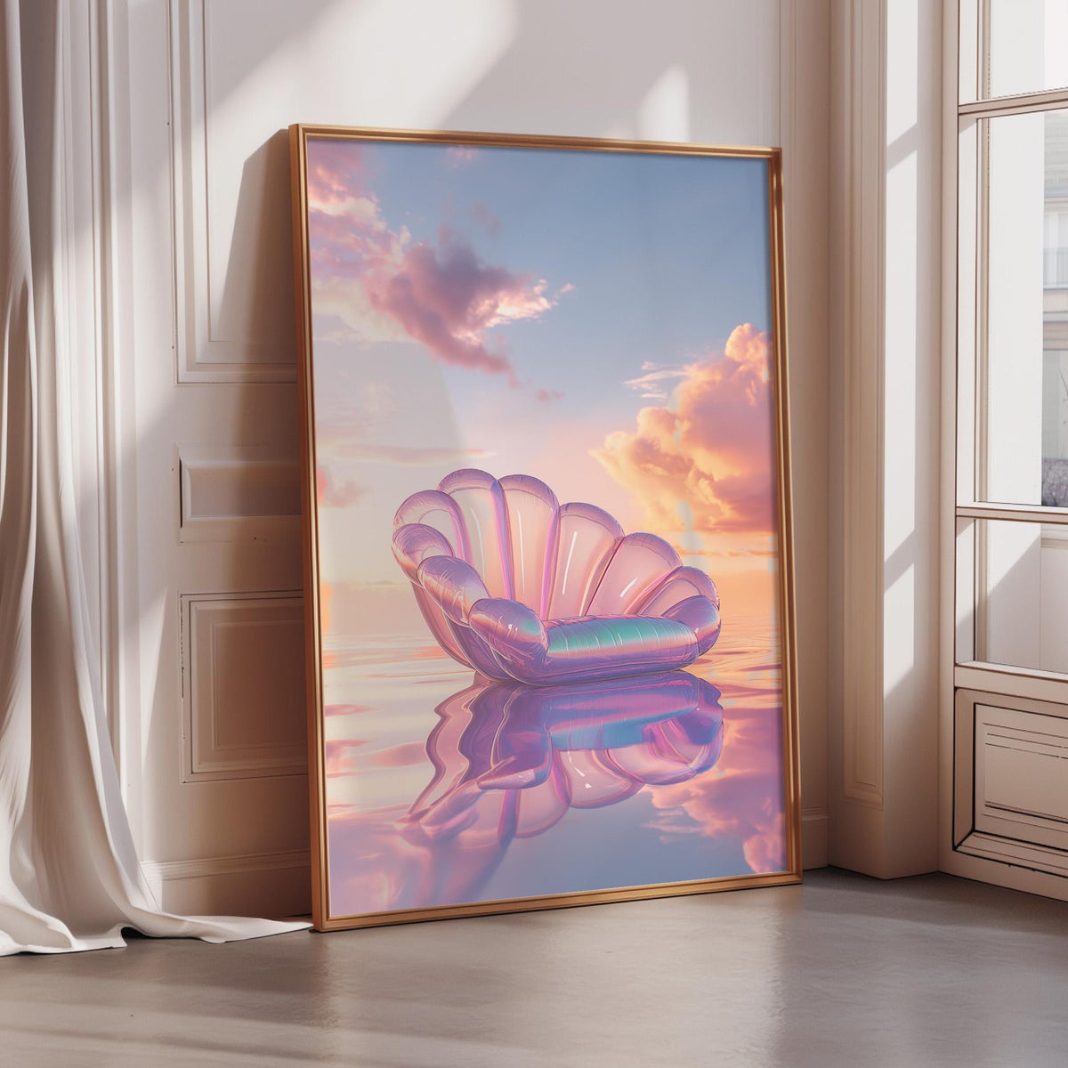 A large framed artwork depicting a shell-shaped chair floating in a serene, dreamlike landscape with a pink and blue sky and clouds.
