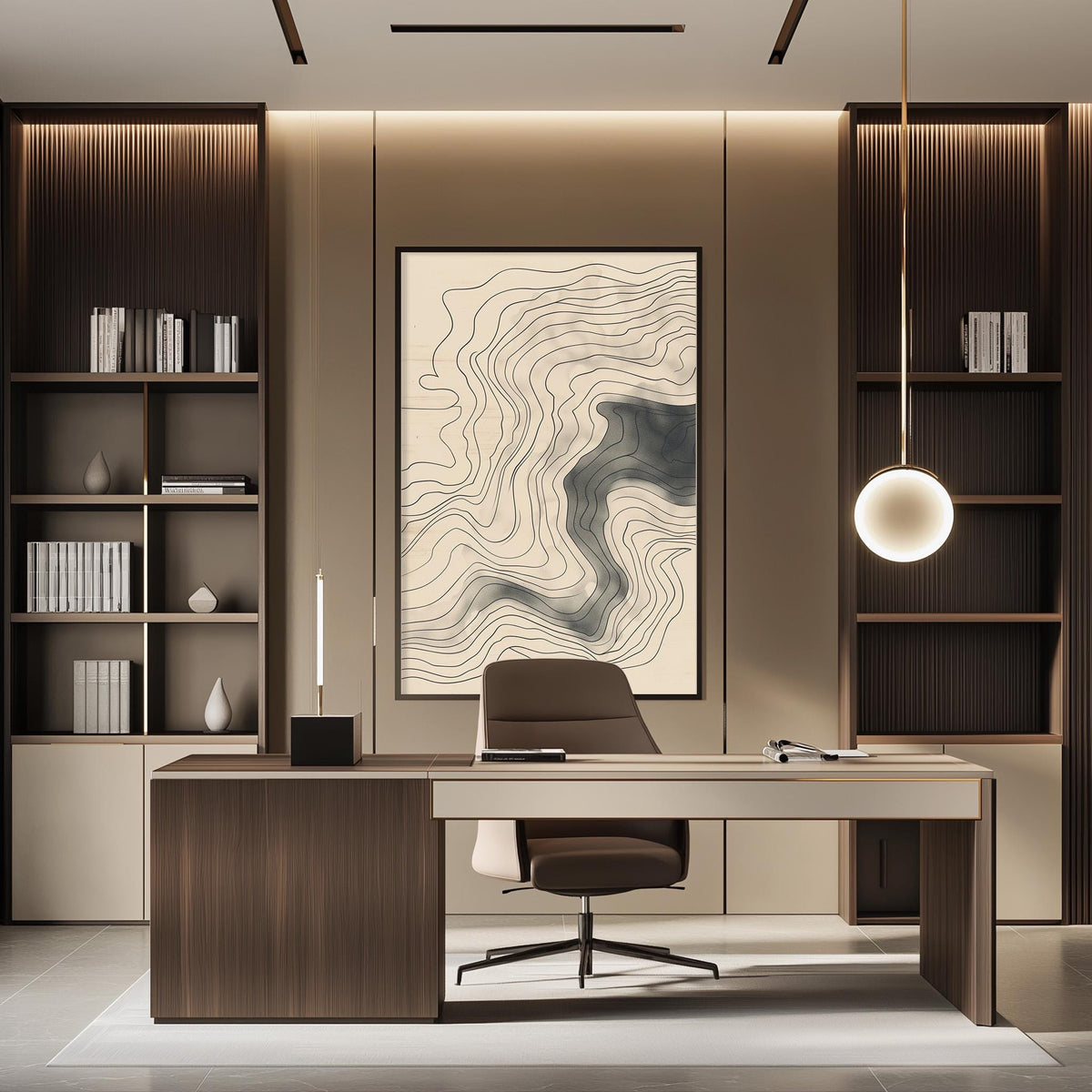 a modern and minimalist office space with a large wooden desk, a comfortable-looking chair, and a striking abstract artwork on the wall.