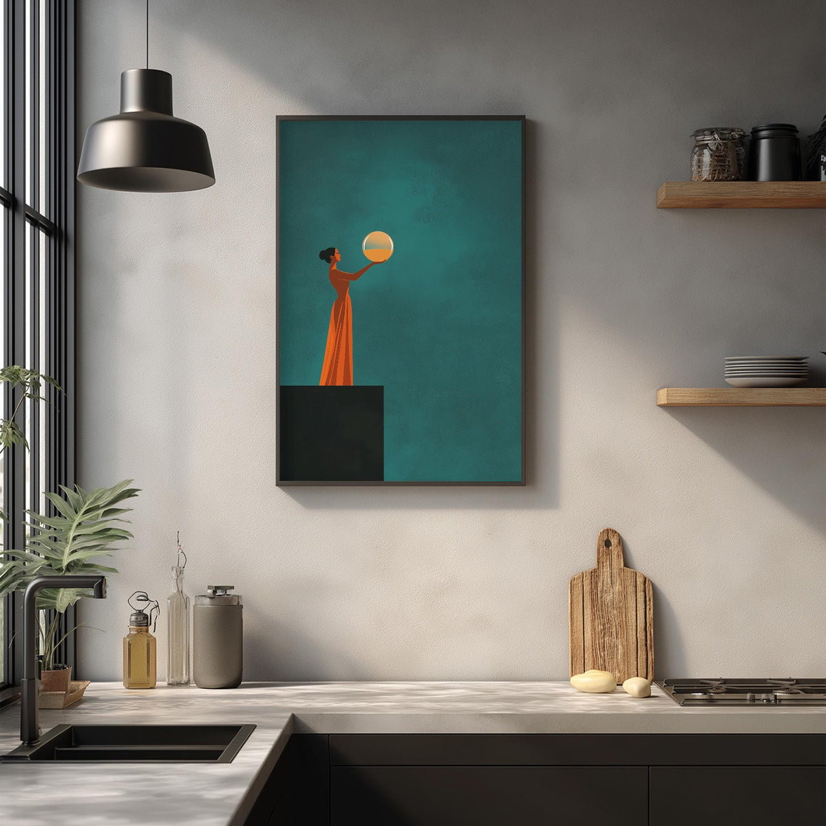 a modern kitchen with a minimalist design, including a framed artwork of a woman holding a yellow object, a wooden cutting board, and various kitchen accessories on the countertop.