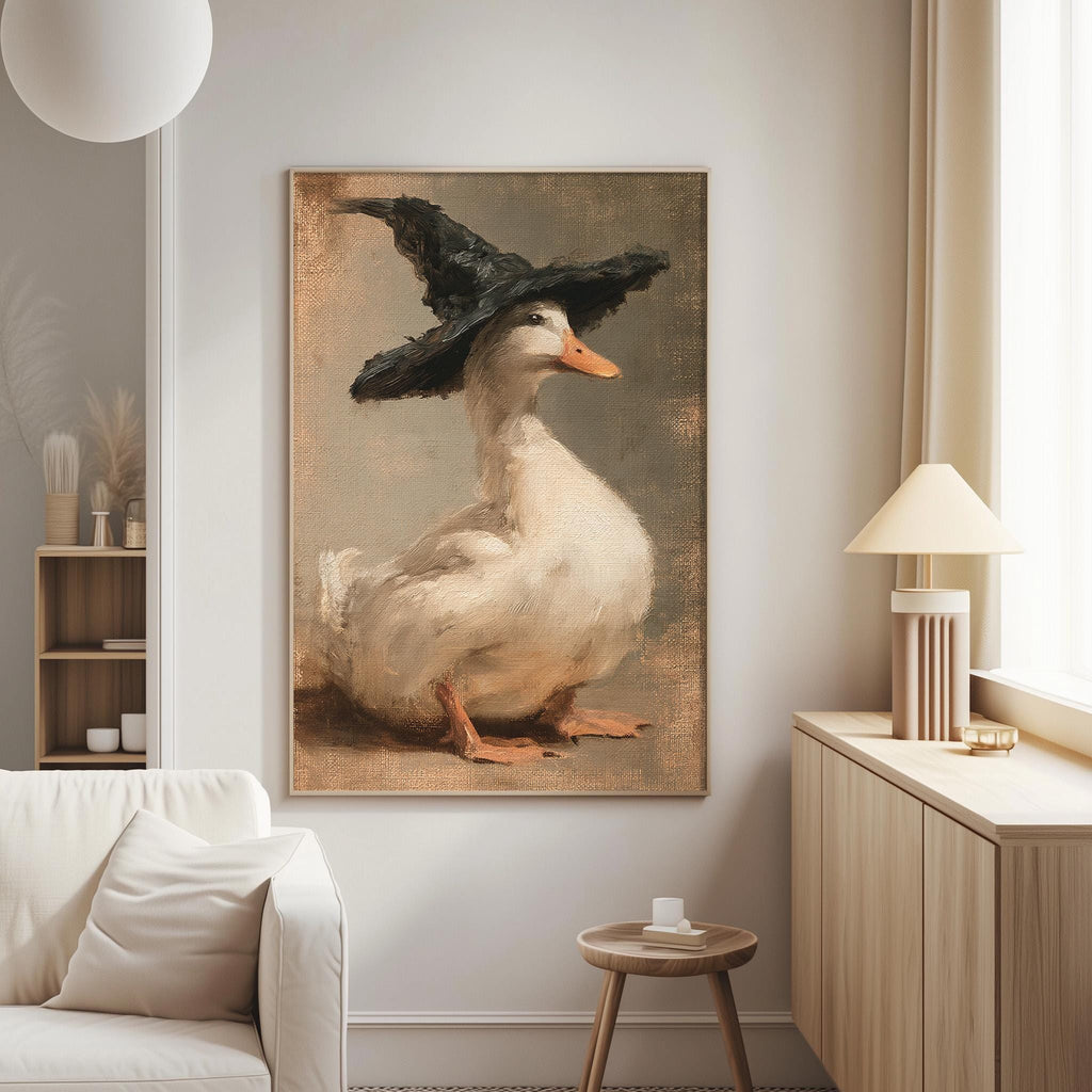 a large painting of a duck wearing a black witch's hat, which is hanging on a wall in a living room setting.