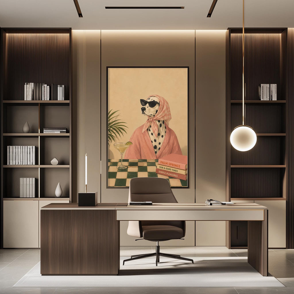 a modern office space with a large framed picture of a Dalmatian wearing a pink robe and sunglasses, sitting at a desk with a laptop and other office supplies.