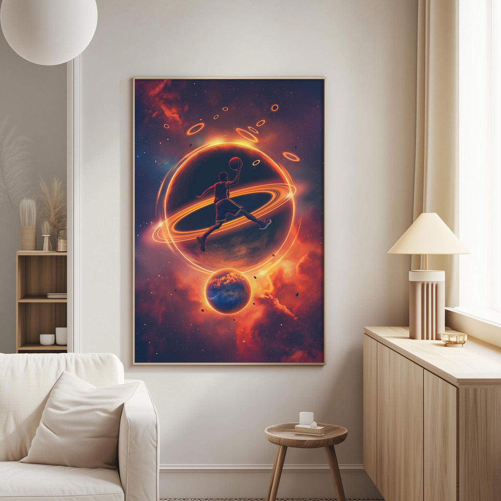 a large, colorful painting of a person in a space-themed setting, with planets and stars in the background.