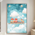 a cozy living room with a large, colorful painting of a train on a cloud-filled sky hanging on the wall. The painting is surrounded by a white couch and a wooden side table, creating a warm and inviting atmosphere.
