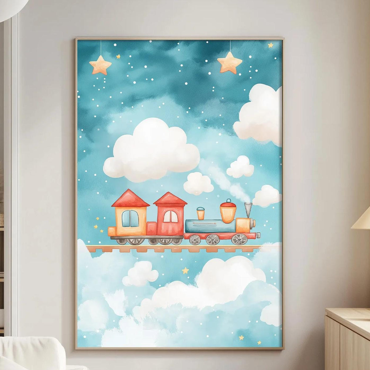 a cozy living room with a large, colorful painting of a train on a cloud-filled sky hanging on the wall. The painting is surrounded by a white couch and a wooden side table, creating a warm and inviting atmosphere.