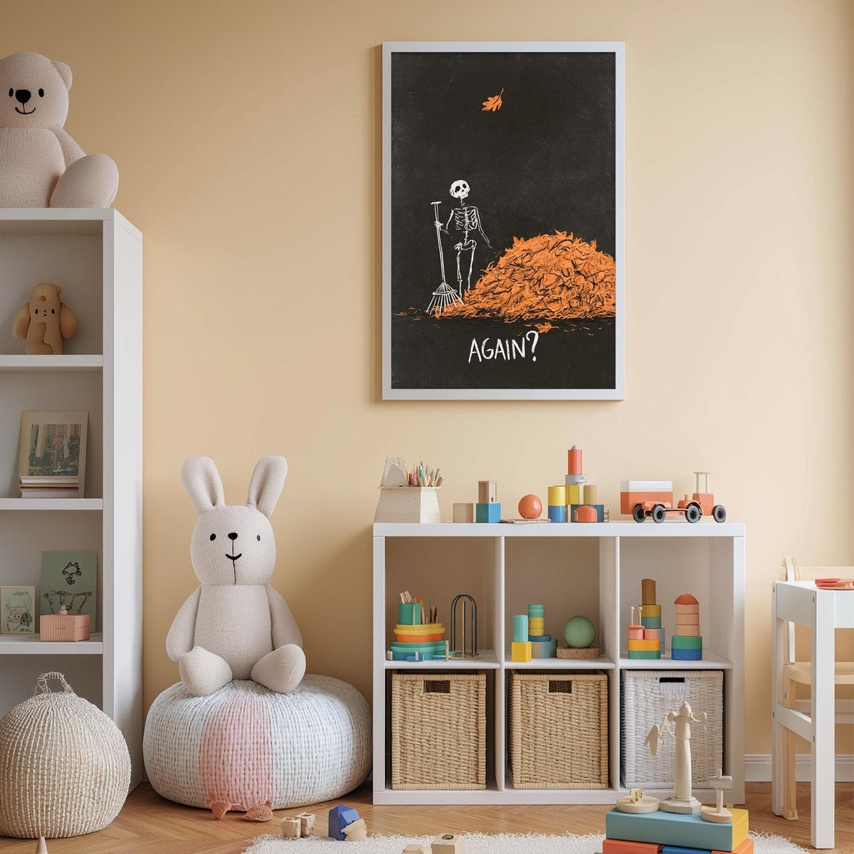 A child's bedroom with a white bookshelf, a stuffed rabbit, and a toy skeleton. The wall has a framed poster with a skeleton and the word "Again?" written below it.