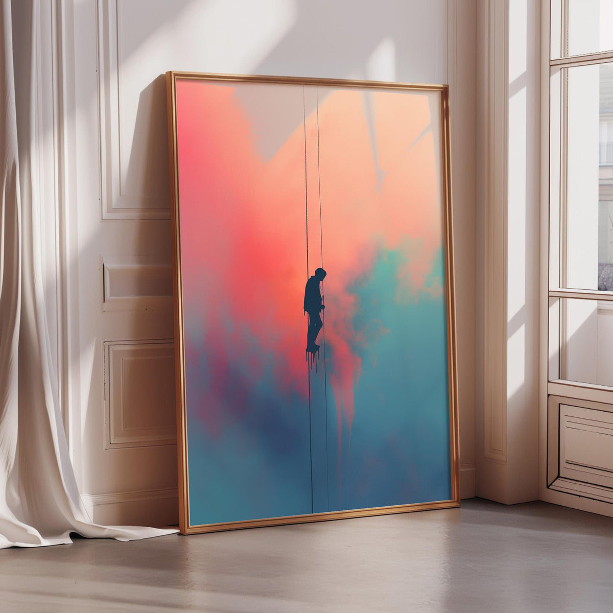 a large, colorful painting of a person standing on a rope, with a gradient background transitioning from red to blue.