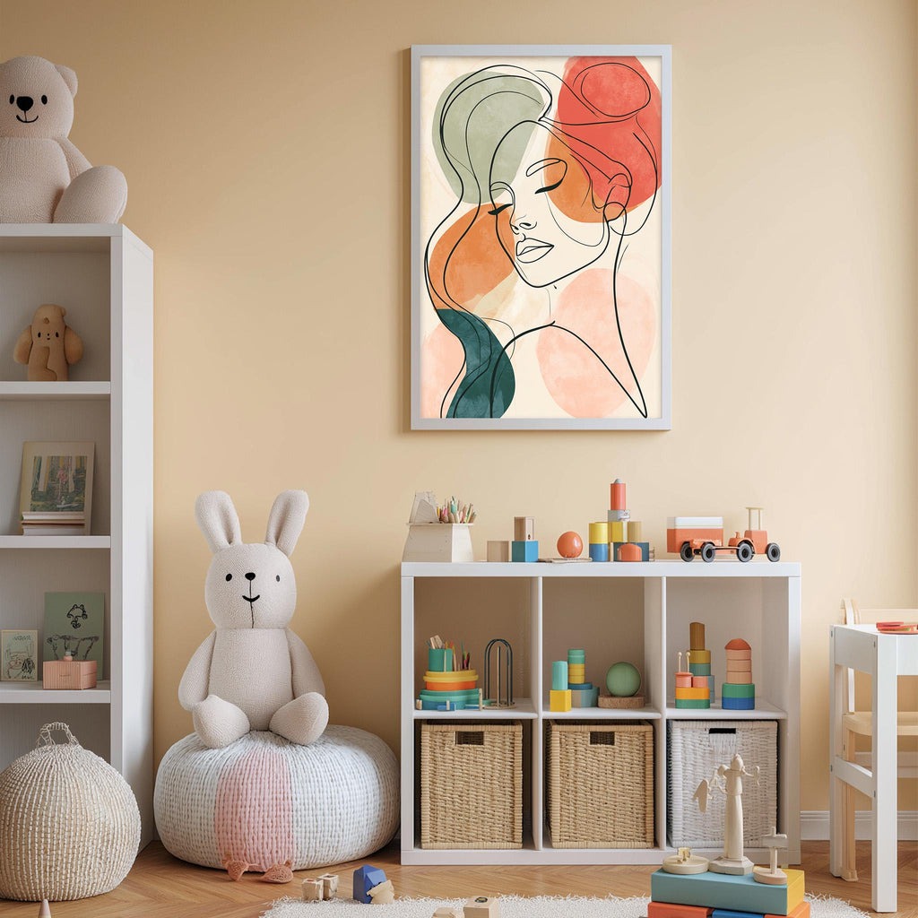 a child's bedroom with a large abstract portrait of a woman's face hanging on the wall, surrounded by various toys and storage containers.