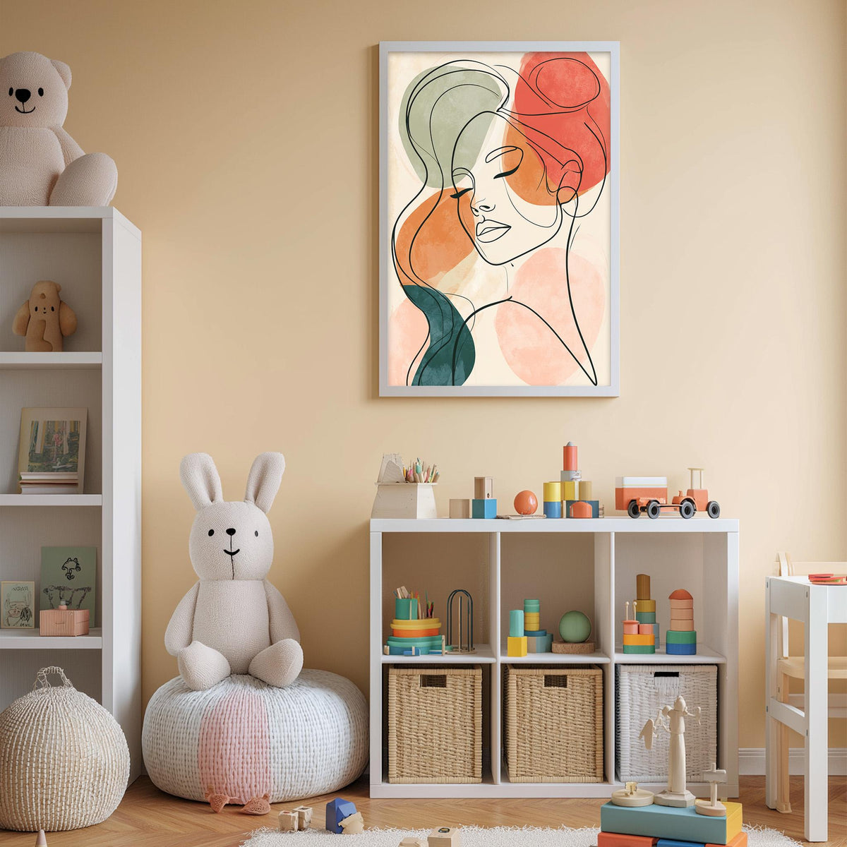 a child's bedroom with a large abstract portrait of a woman's face hanging on the wall, surrounded by various toys and storage containers.