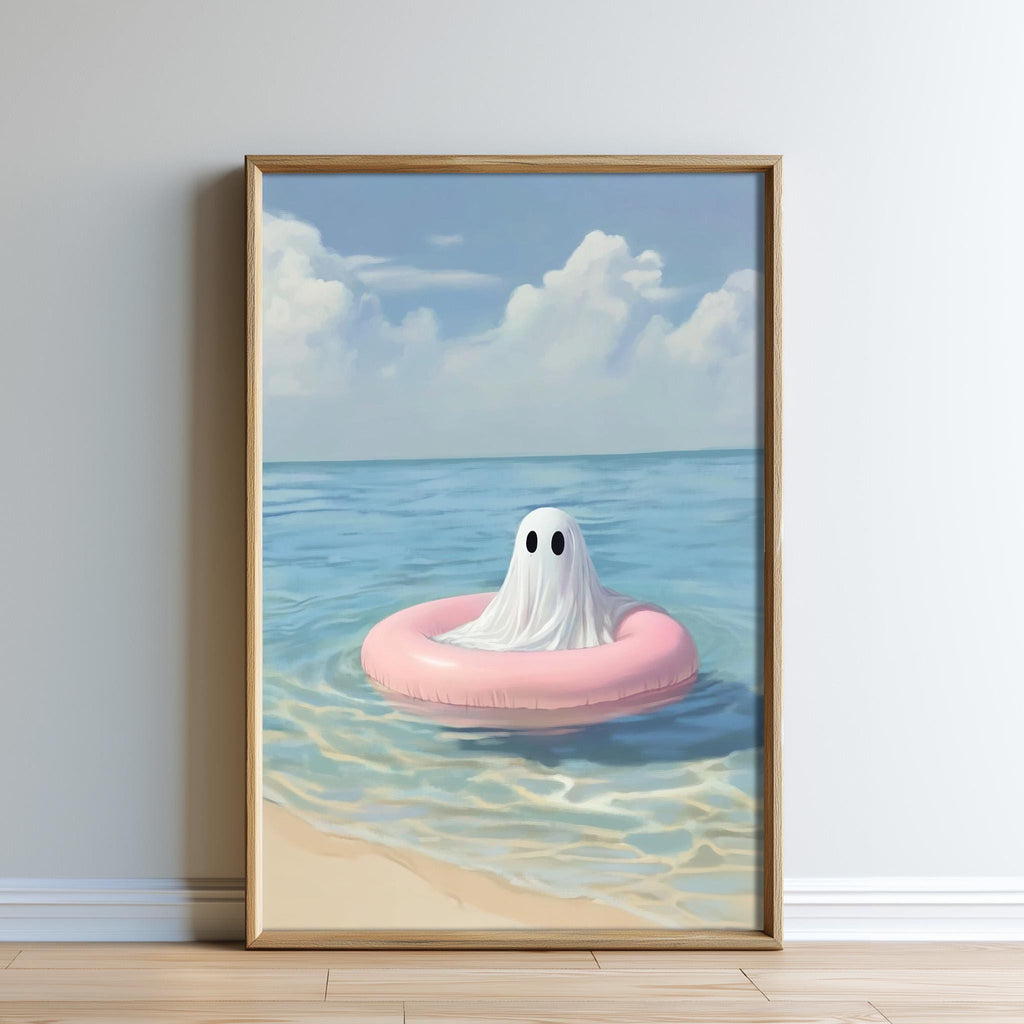 A ghost floating on a pink inner tube in the ocean, with a cloudy sky in the background.