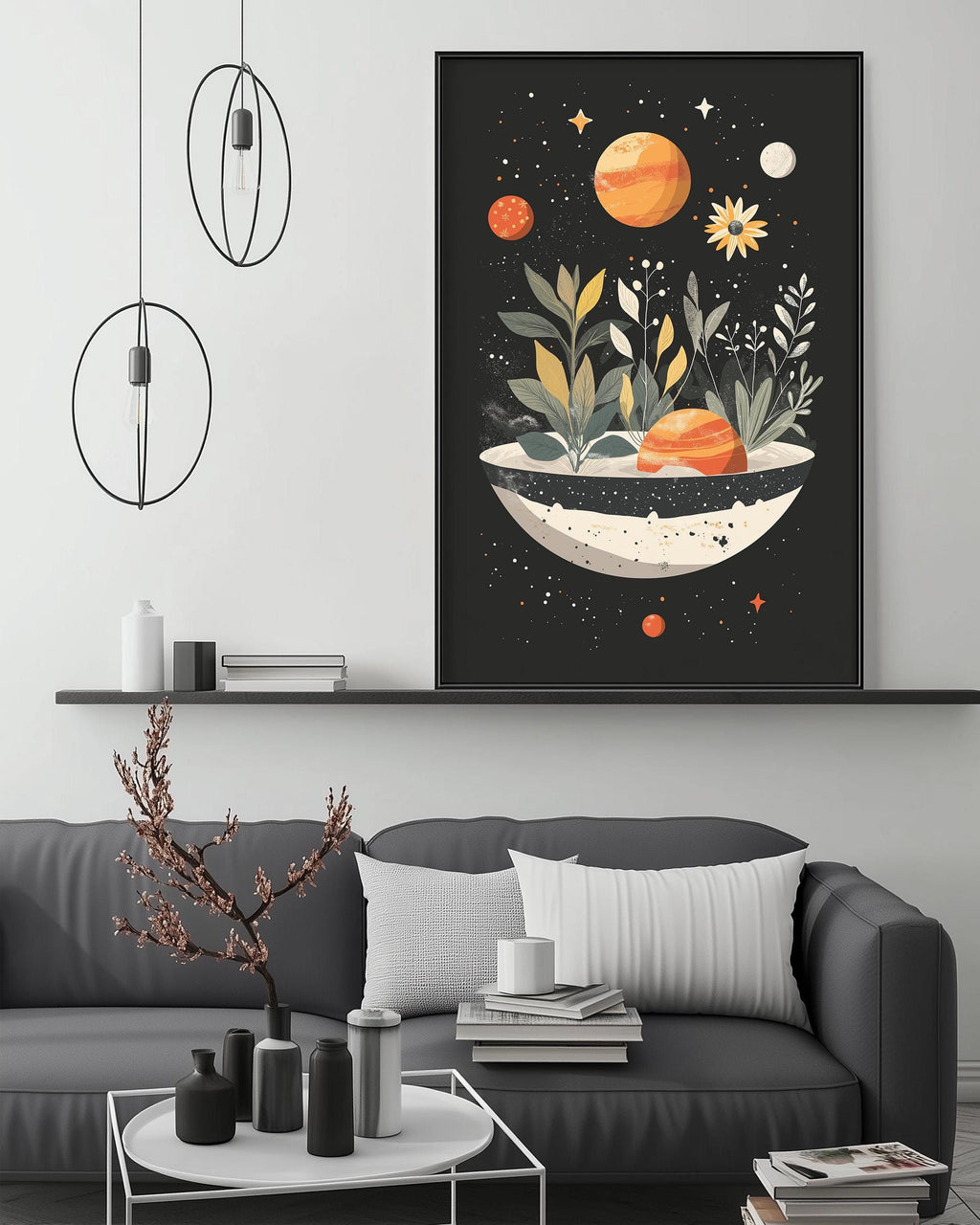 a modern living room with a gray sofa, a coffee table, and a large framed artwork depicting a celestial scene with orange planets, flowers, and stars.
