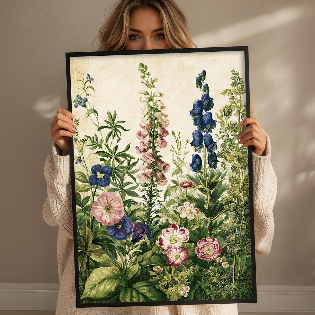 A woman holds up a framed botanical illustration of a lush, colorful garden filled with various flowers and plants.