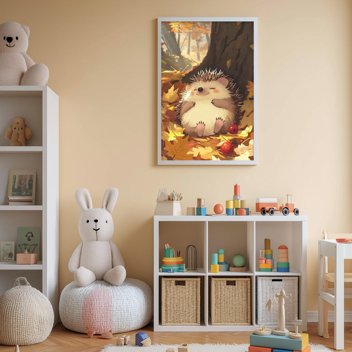 A cozy children's room with a large stuffed bunny, a bookshelf, and a toy chest filled with toys. A framed illustration of a hedgehog is displayed on the wall above the toy chest.