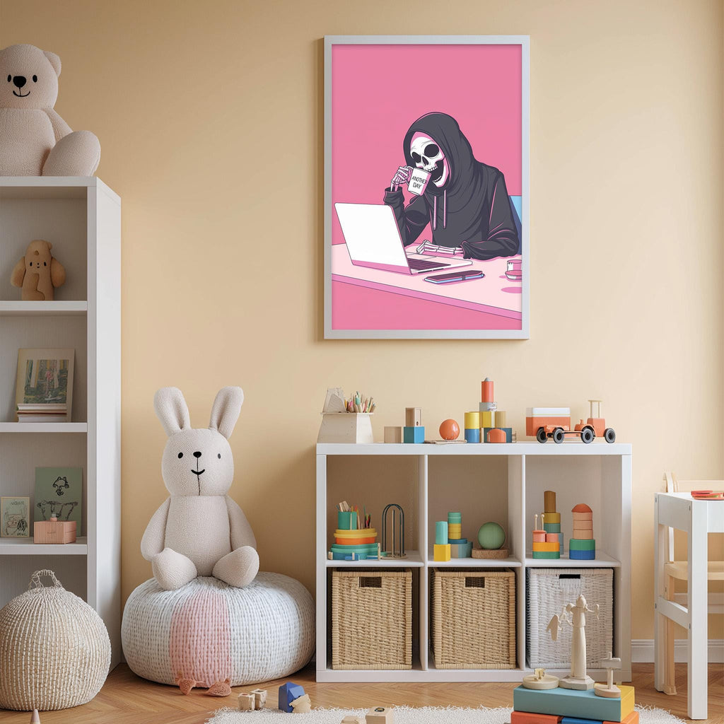a child's bedroom with a pink wall, a shelf with toys, a stuffed rabbit, and a framed illustration of a skeleton using a laptop.