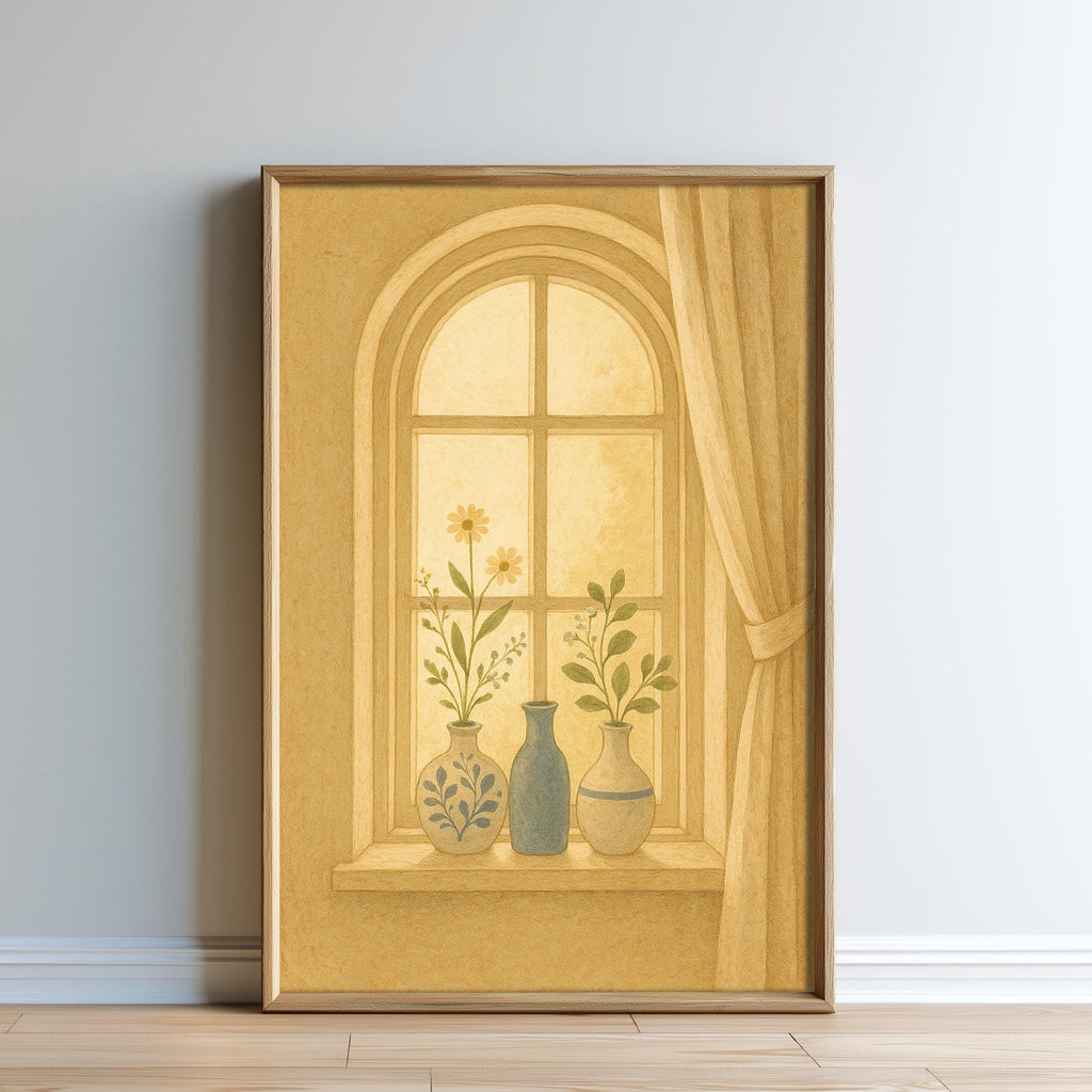 A framed painting depicting a window with three vases containing flowers and plants, set against a pale yellow background.