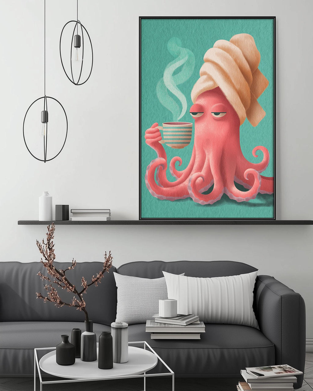 a cozy living room with a gray sofa, a coffee table, and a framed illustration of a pink octopus holding a cup of coffee.