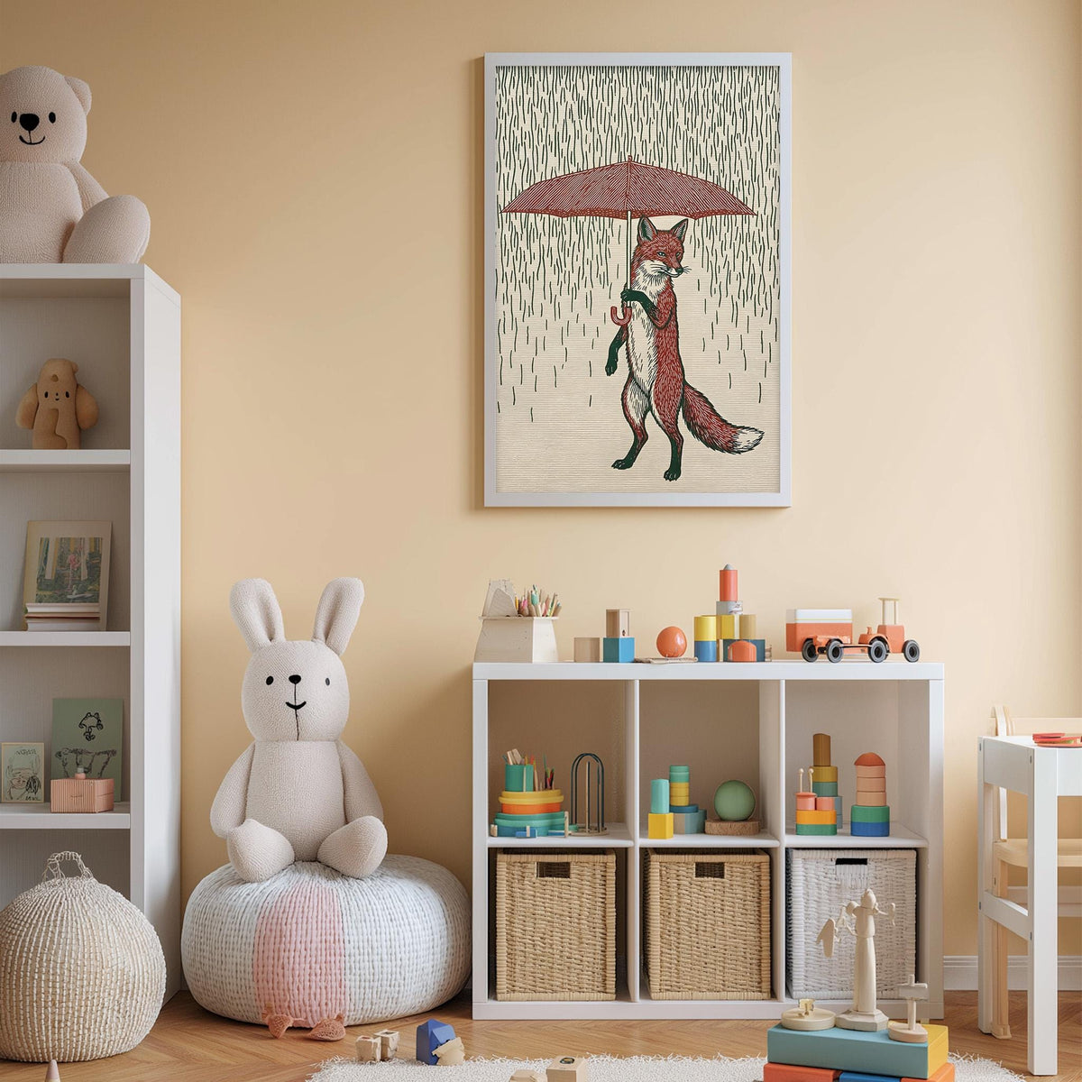 A cozy children's room with a white bookshelf, a plush rabbit, and a colorful toy box filled with toys. Above the bookshelf, there is a framed illustration of a fox holding an umbrella, creating a whimsical atmosphere.