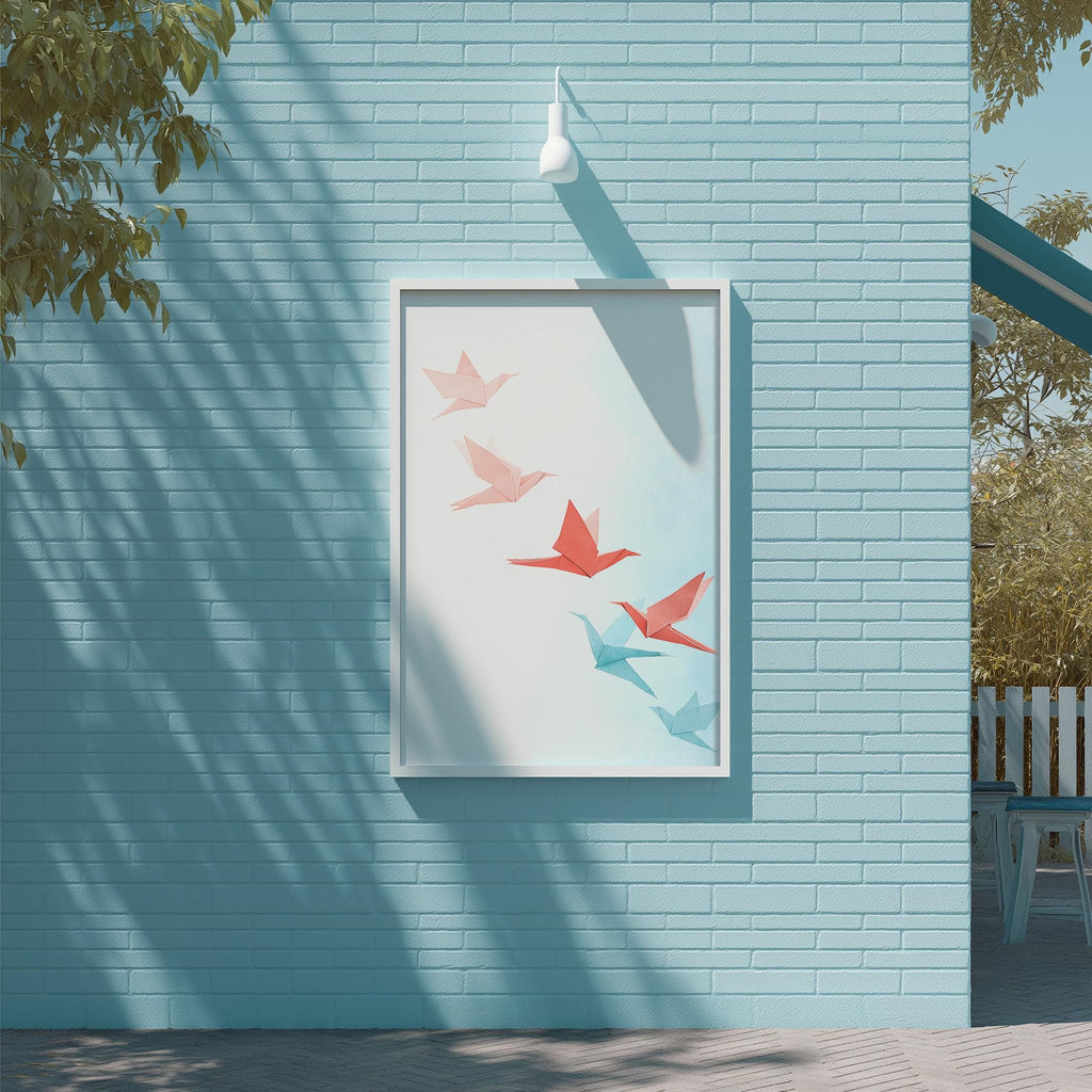 a blue brick wall with a framed picture of colorful birds, including red, pink, and blue birds, hanging on it.
