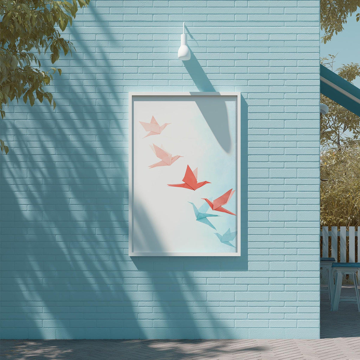 a blue brick wall with a framed picture of colorful birds, including red, pink, and blue birds, hanging on it.