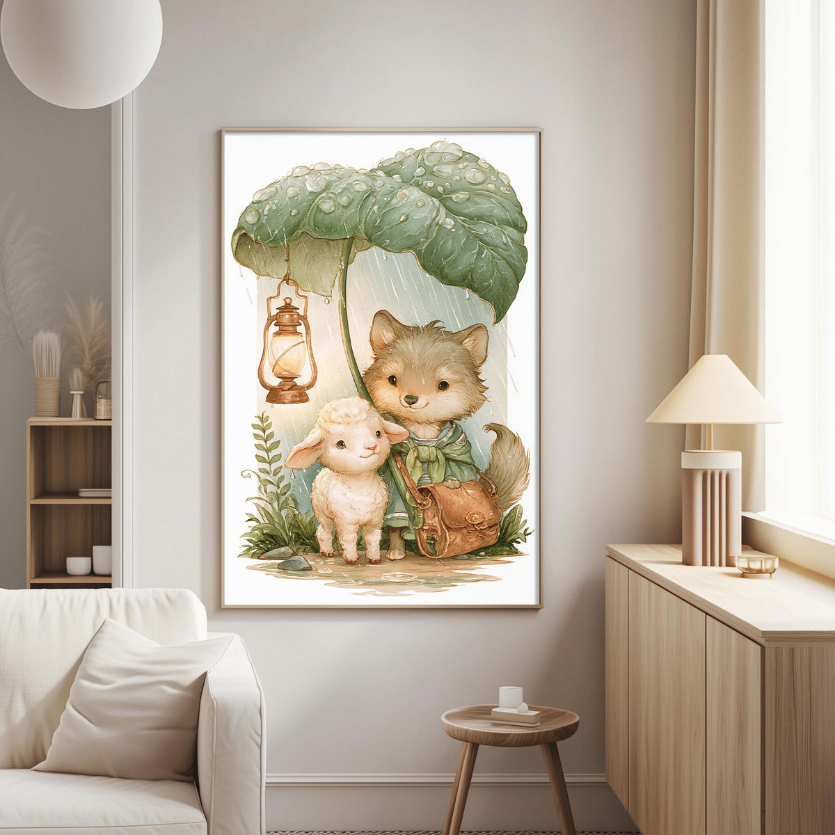 a cozy living room with a large painting of a wolf and a lamb sitting under a green umbrella, surrounded by a potted plant and a lamp.