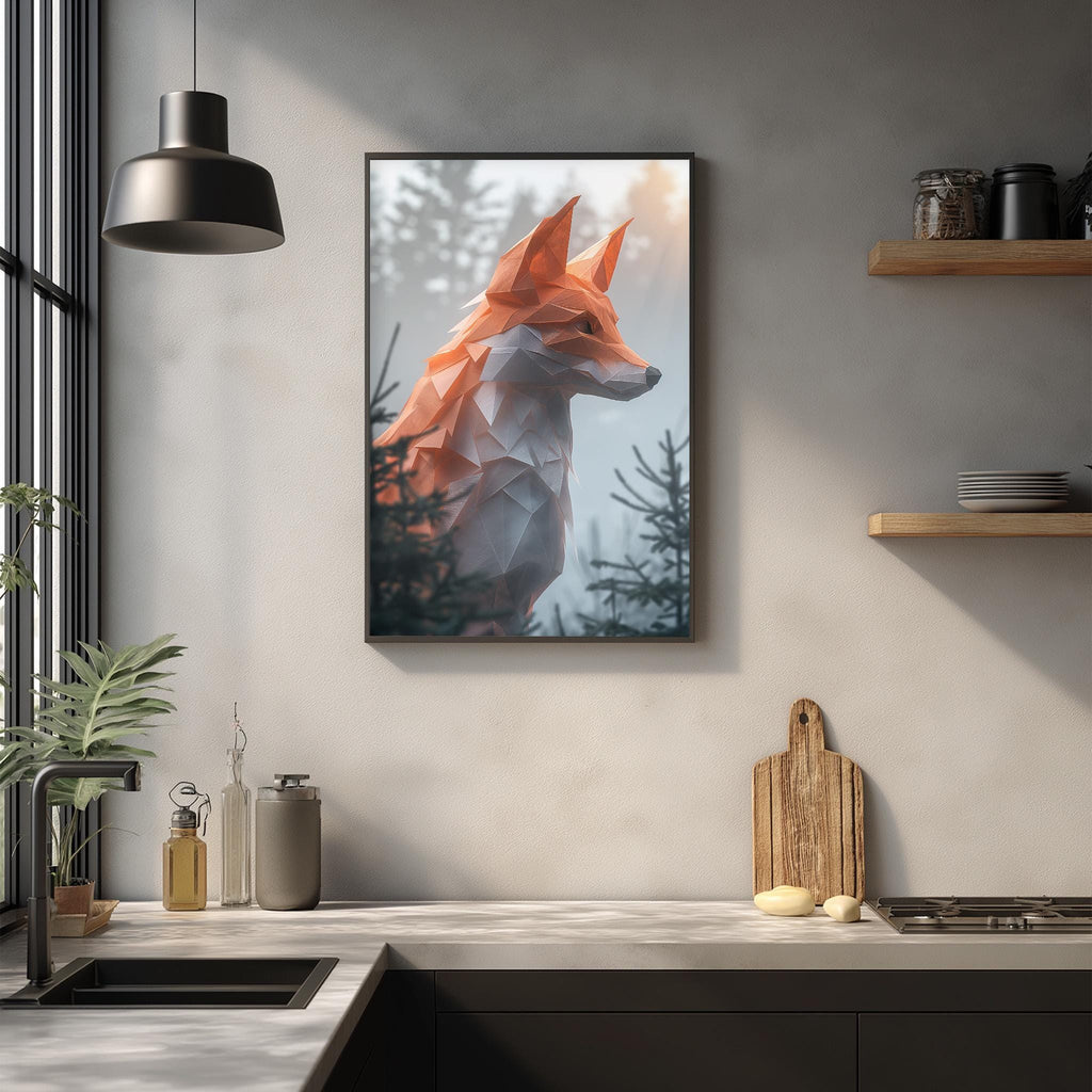 a kitchen counter with various items on it, including a framed artwork of a fox, a wooden cutting board, and some decorative objects.
