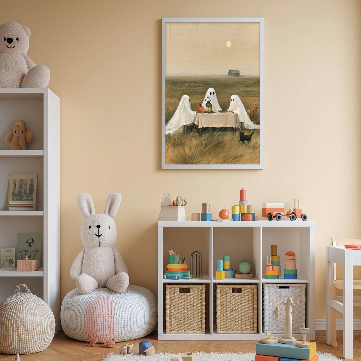 A cozy children's room with a white rabbit sitting on a bean bag chair, surrounded by shelves filled with toys and books, and a framed painting of three ghostly figures in a field.
