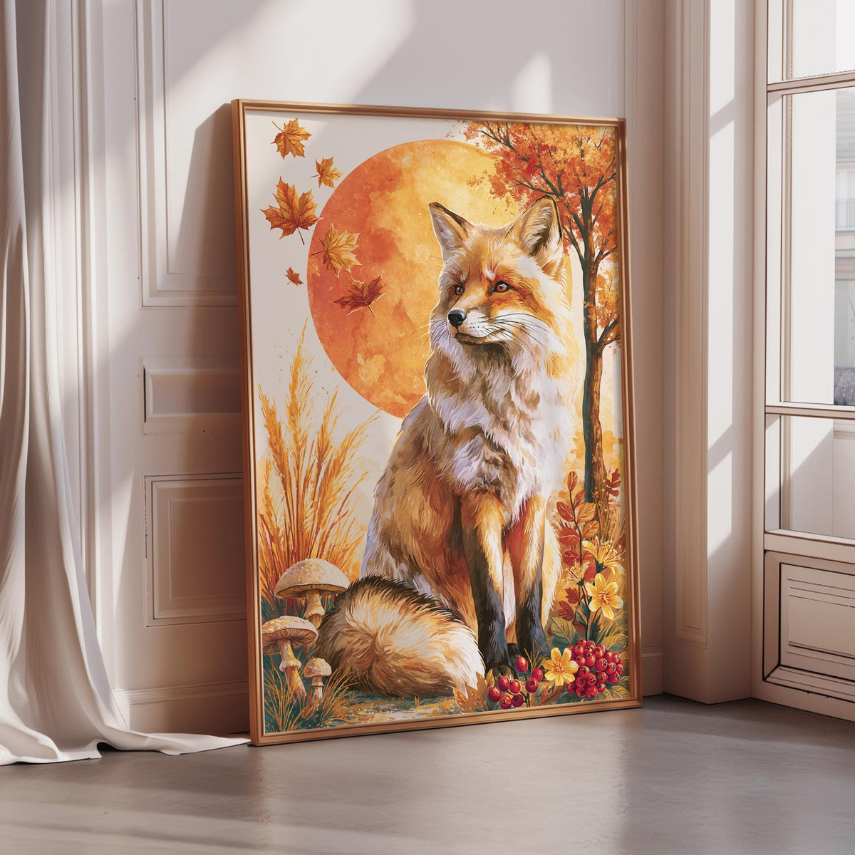 a painting of a fox sitting in a forest setting with autumn foliage and mushrooms.