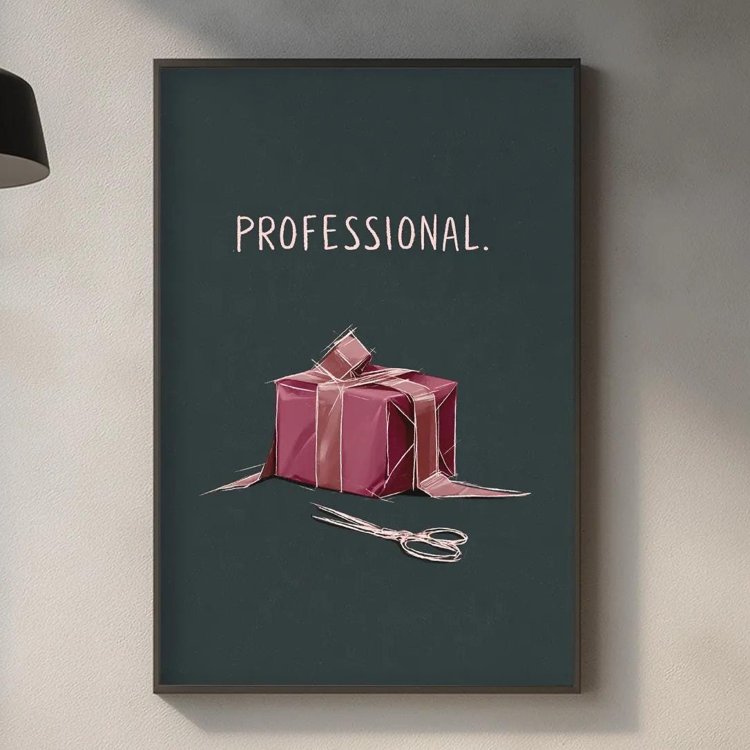 a kitchen counter with various items such as a cutting board, a bottle, and a plant. Above the counter, there is a framed poster with the text "PROFESSIONAL."