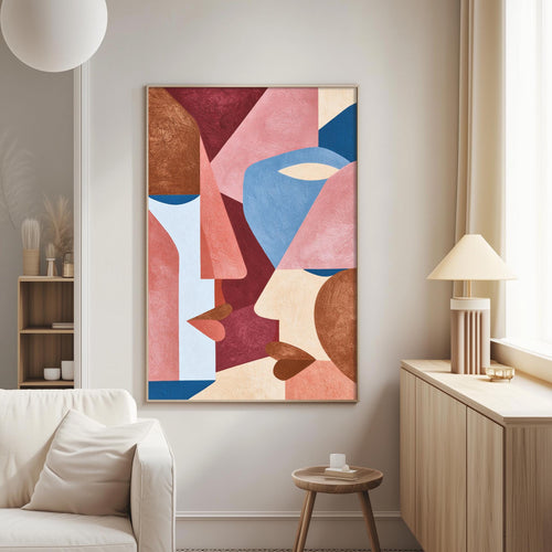 a modern living room with a large abstract painting hanging on the wall. The painting is a collage of various geometric shapes in different colors, including shades of pink, blue, and orange. The room also includes a white sofa, a wooden side table, and a lamp on a wooden cabinet.