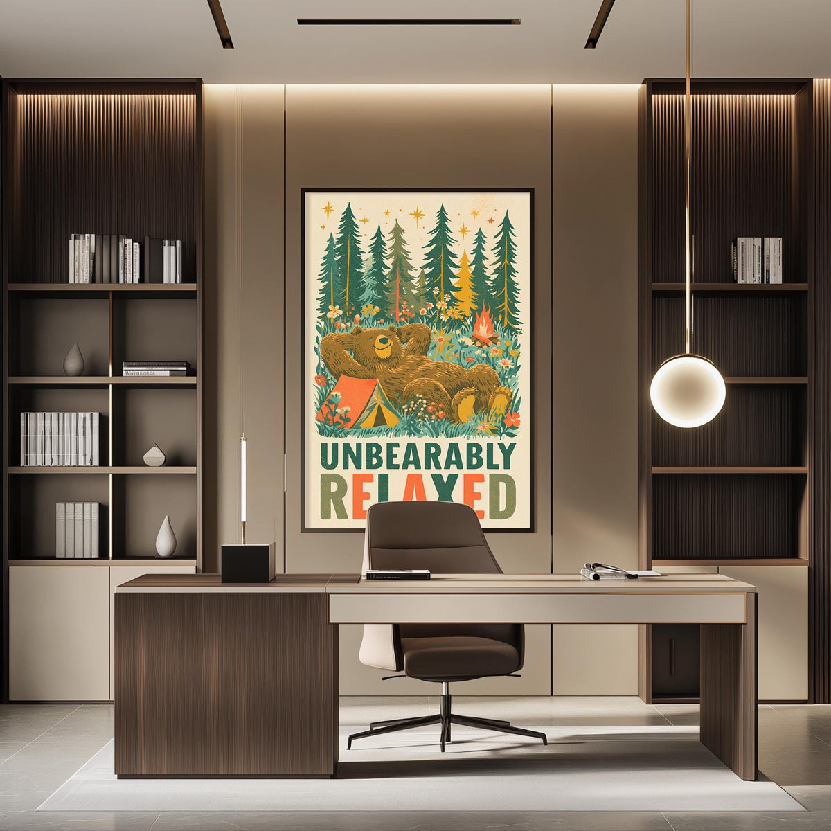 a modern office space with a large poster of a bear and camping scene on the wall, a desk with a chair, and a bookshelf.