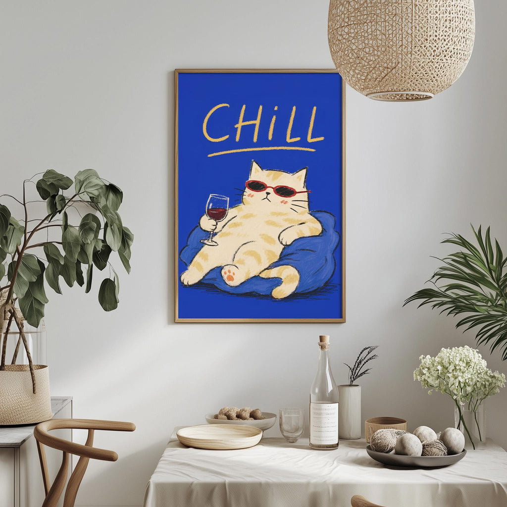 a framed illustration of a cat wearing sunglasses and holding a glass of wine, with the word "CHILL" written above it. The cat is sitting on a blue cushion, and there are potted plants and other decorative items in the background.