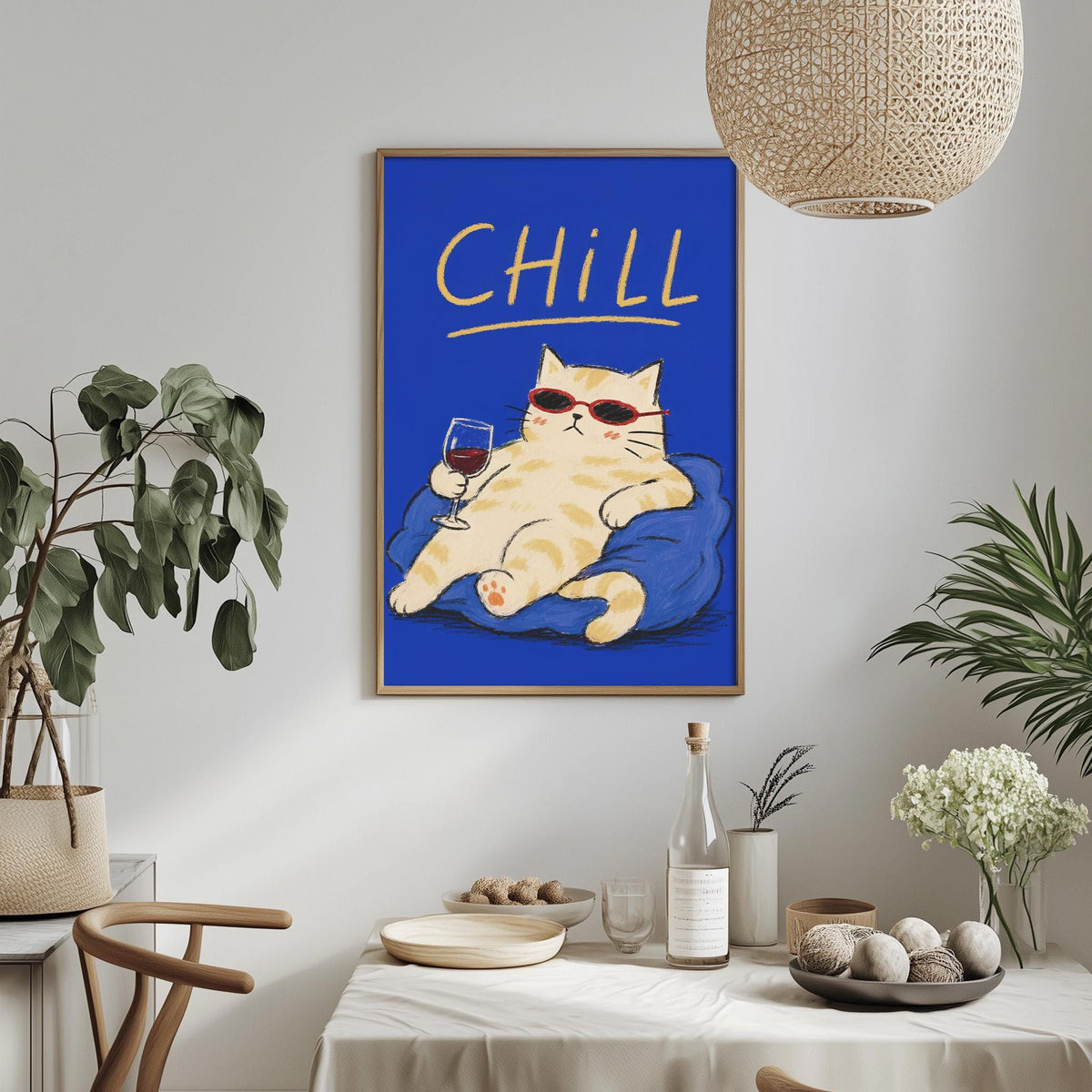 a framed illustration of a cat wearing sunglasses and holding a glass of wine, with the word "CHILL" written above it. The cat is sitting on a blue cushion, and there are potted plants and other decorative items in the background.
