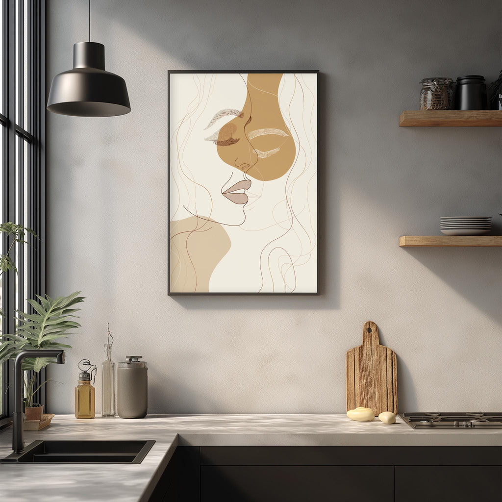 a modern kitchen with a minimalist design. The focal point is a framed abstract portrait of a woman's face, which is hung on the wall above a kitchen counter. The kitchen counter has various items on it, including a cutting board, a bottle, and a vase. The overall color scheme of the kitchen is neutral, with a gray wall and a wooden shelf providing a warm contrast.