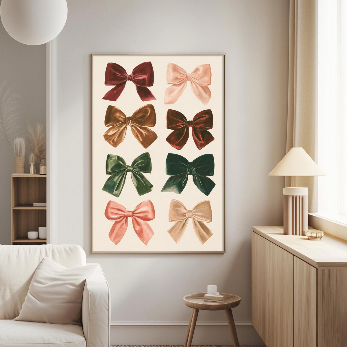 a living room with a white couch, a wooden side table, and a framed poster of colorful bows on the wall.