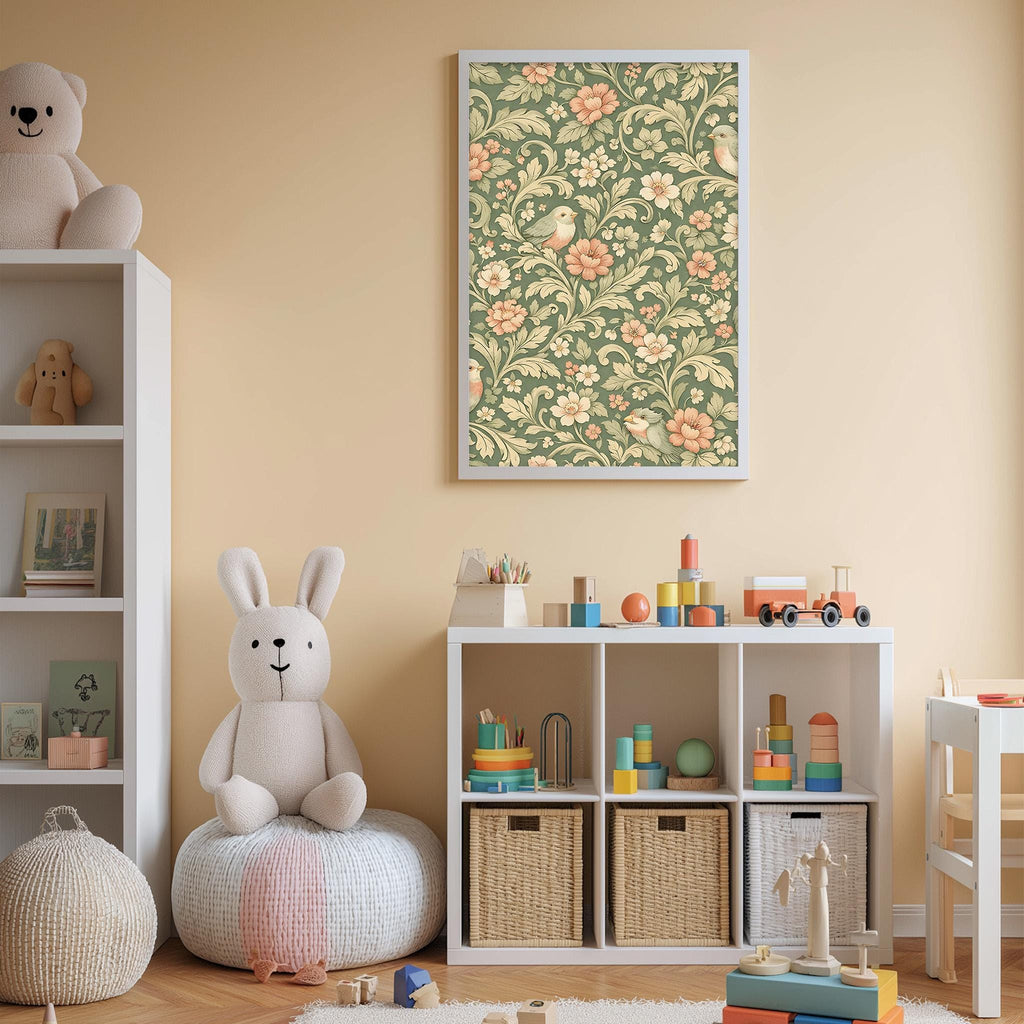 A cozy and colorful children's bedroom with a large floral print on the wall, a white bookshelf, a plush rabbit, and various toys and storage bins.