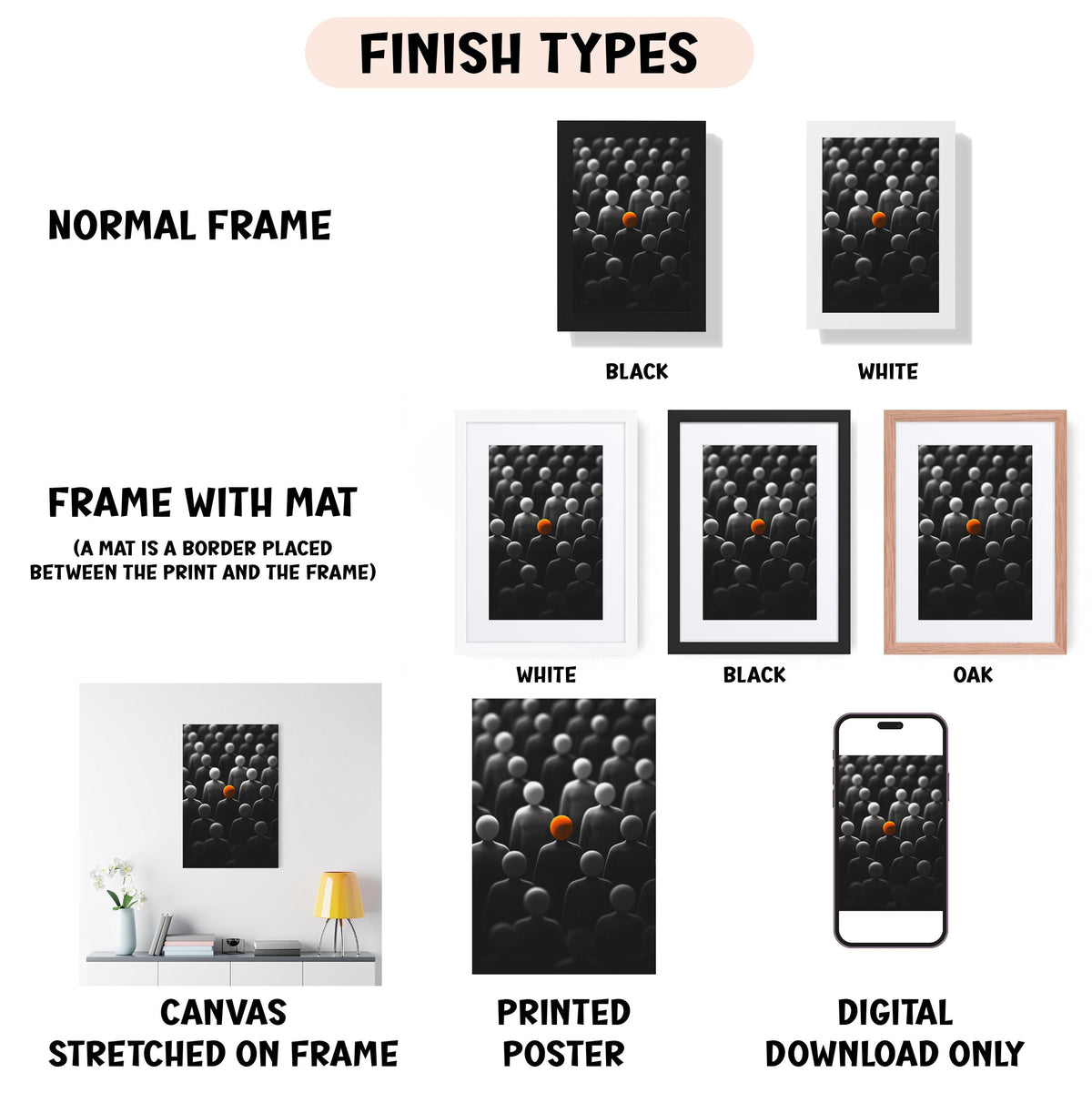 various types of artwork, including a canvas stretched on a frame, a framed poster, and a digital poster. The artwork is presented in different frame colors, such as white, black, and oak. The image also includes a close-up of a single object, which is a single cell phone.