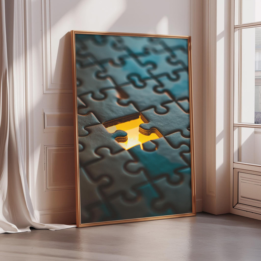 A large framed poster with a close-up view of a jigsaw puzzle, with the pieces arranged in a way that creates a sense of depth and complexity.
