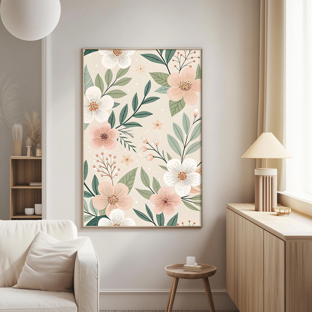 a living room with a large floral print hanging on the wall, a white sofa, a wooden side table, and a lamp on a wooden cabinet.