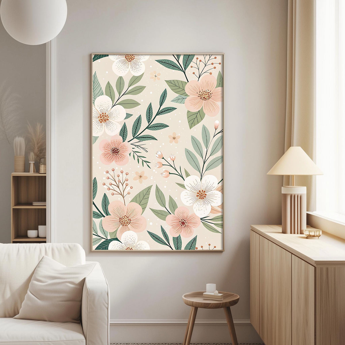 a living room with a large floral print hanging on the wall, a white sofa, a wooden side table, and a lamp on a wooden cabinet.