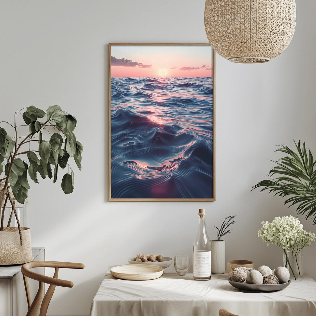 a serene ocean scene with a sunset, framed on the wall and displayed on a table. The table is set with various items, including a bottle, a bowl, and a vase with flowers. The overall setting appears to be a dining area with a focus on the ocean view.